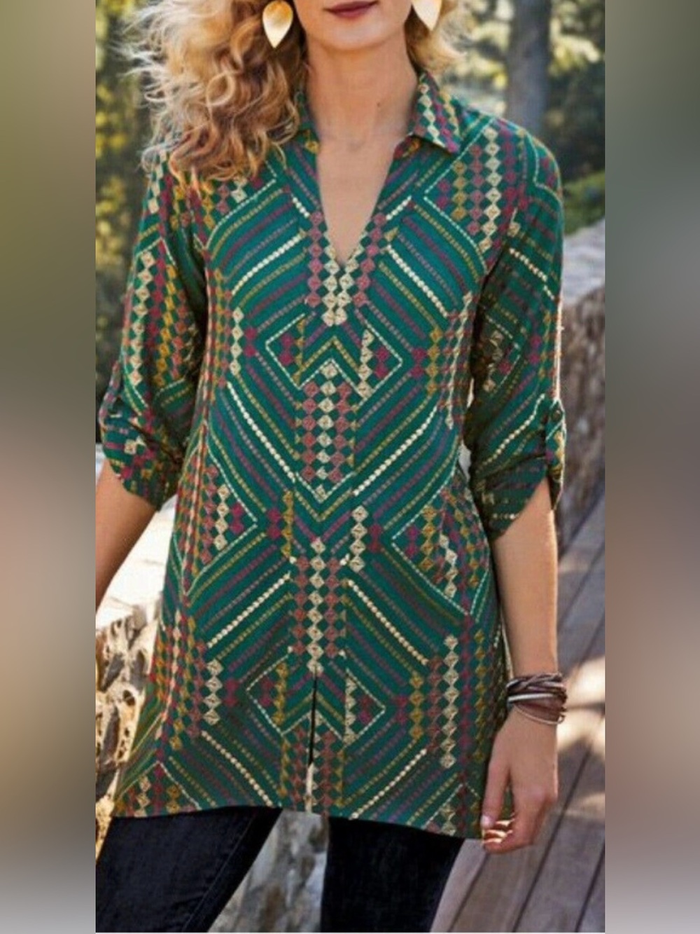 Soft Surroundings Terrare Tunic Shirt Green Embroidered Small